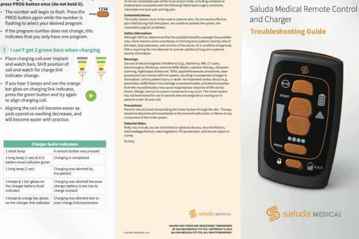Troubleshooting remote and charger for  for Evoke Therapy closed‑loop spinal cord stimulation for chronic pain