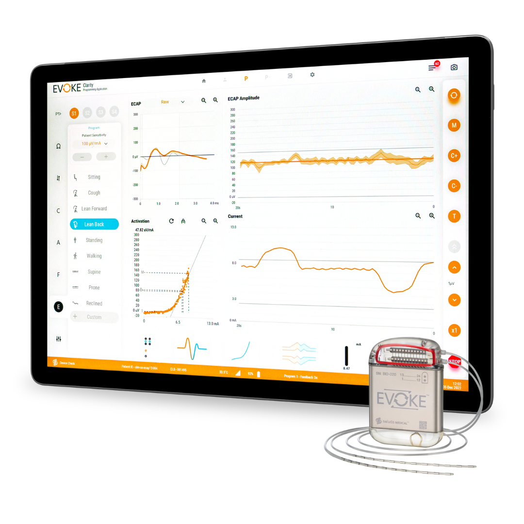 Evoke System implantable pulse generator (IPG) used for closed‑loop spinal cord stimulation.
